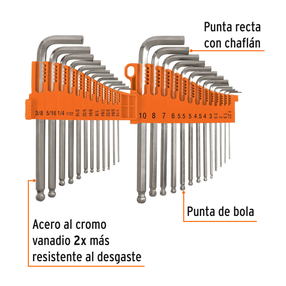 Juego 25 llaves allen largas mixtas punta bola, organizador - Cod: 15572