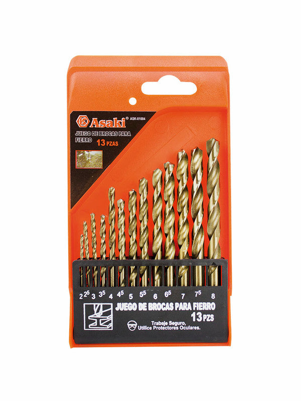 JUEGO DE BROCAS PARA METAL HSS (2–8MM) 13 PZS ACABADO TITANIO ASAKI – CÓDIGO: ASK01004