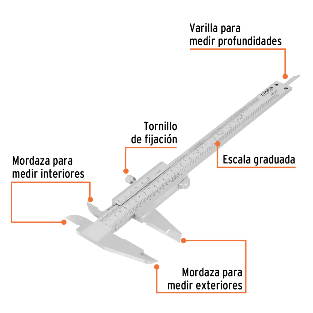 Calibrador vernier analógico 6" acero inox, std y mm, Truper - Código:   14394