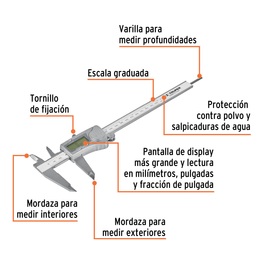 Calibrador vernier digital 6" acero inox, std y mm, Truper - CÓDIGO: 14388