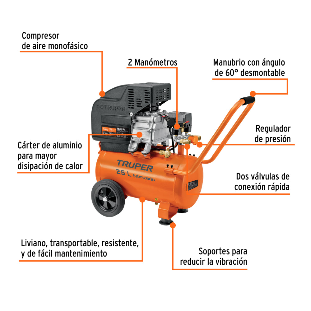 Compresor aire, 25 L, 3 Hp (potencia máxima ), 220V, 60Hz - Código: 15006