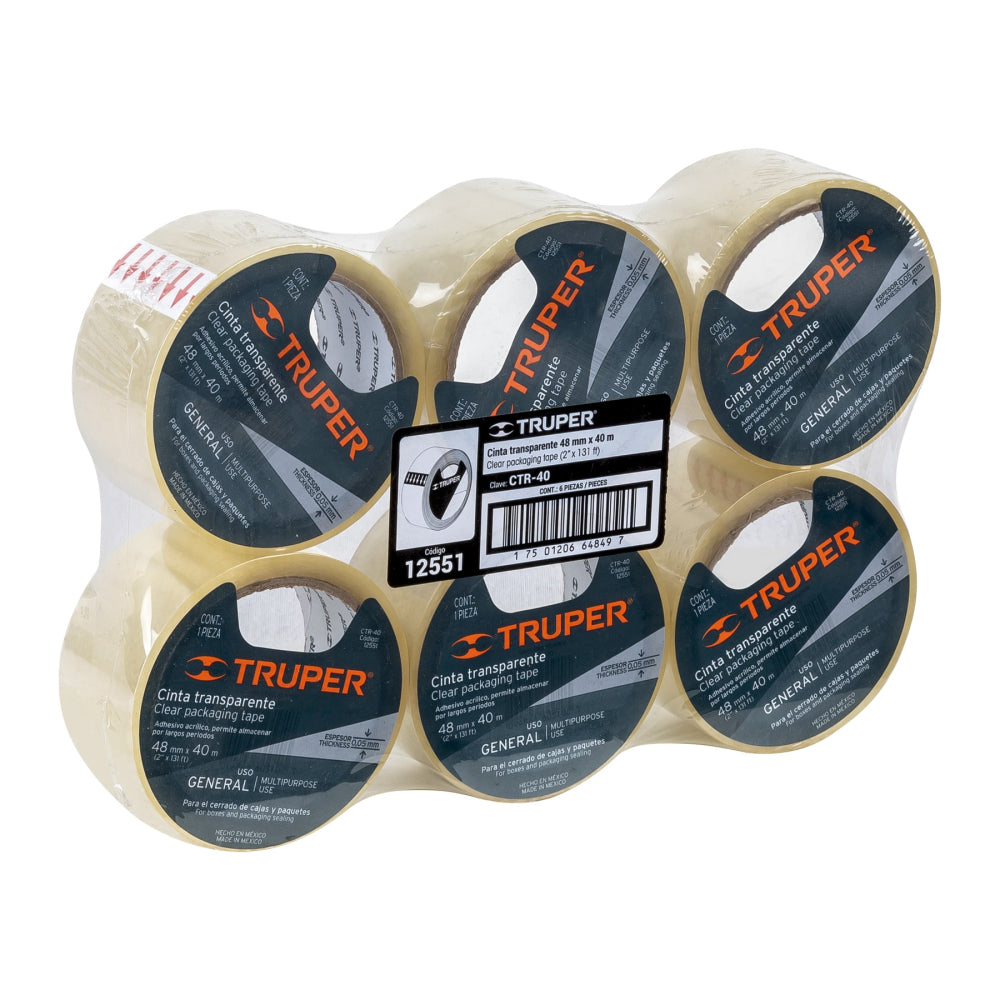 Cinta de empaque 48 mm x 40 m transparente, Truper - CÓDIGO: 12551