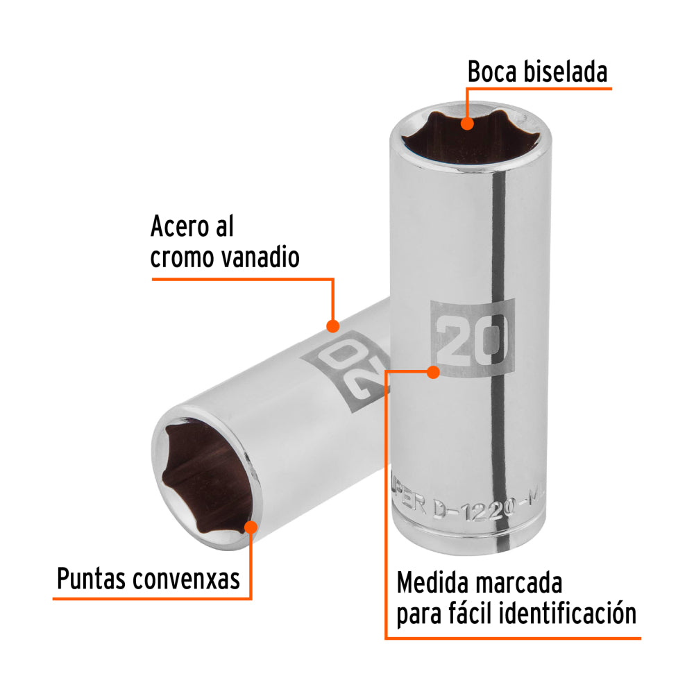 Dado largo de 20 mm, 6 puntas, cuadro 1/2", Truper - CÓDIGO: 101008