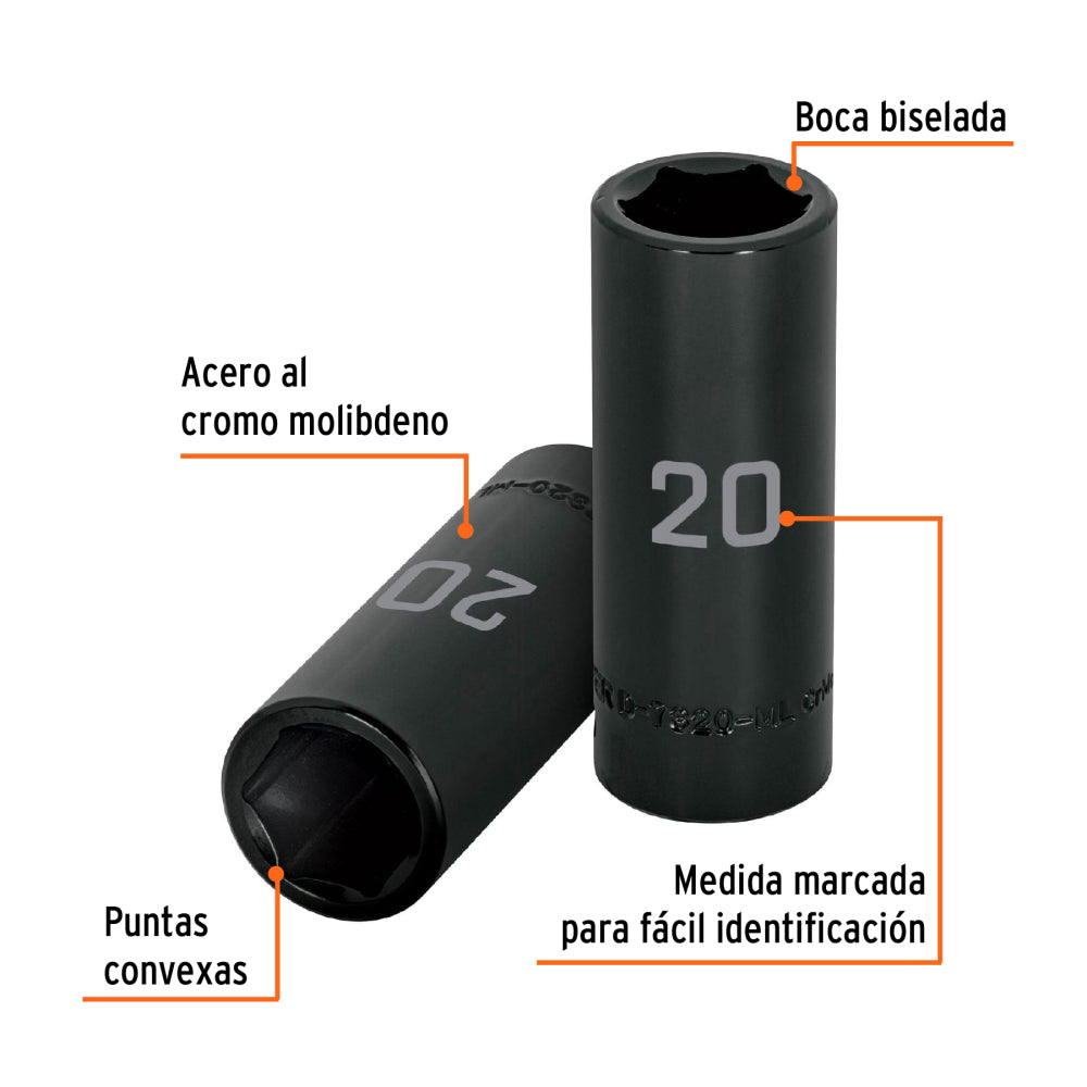 Dado largo cuadro 1/2" de impacto 6 puntas de 20 mm, Truper - Código: 12432