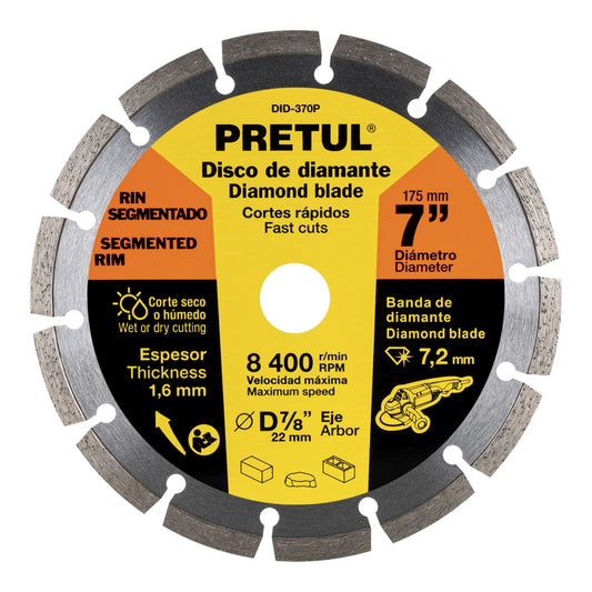 Disco de diamante de 7" x 1.6 mm rin segmentado, PRETUL - CÓDIGO: 27033