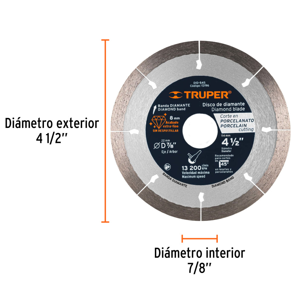 Disco de diamante de 4-1/2" x 1.3 mm, corte de porcelanato - Código: 15196