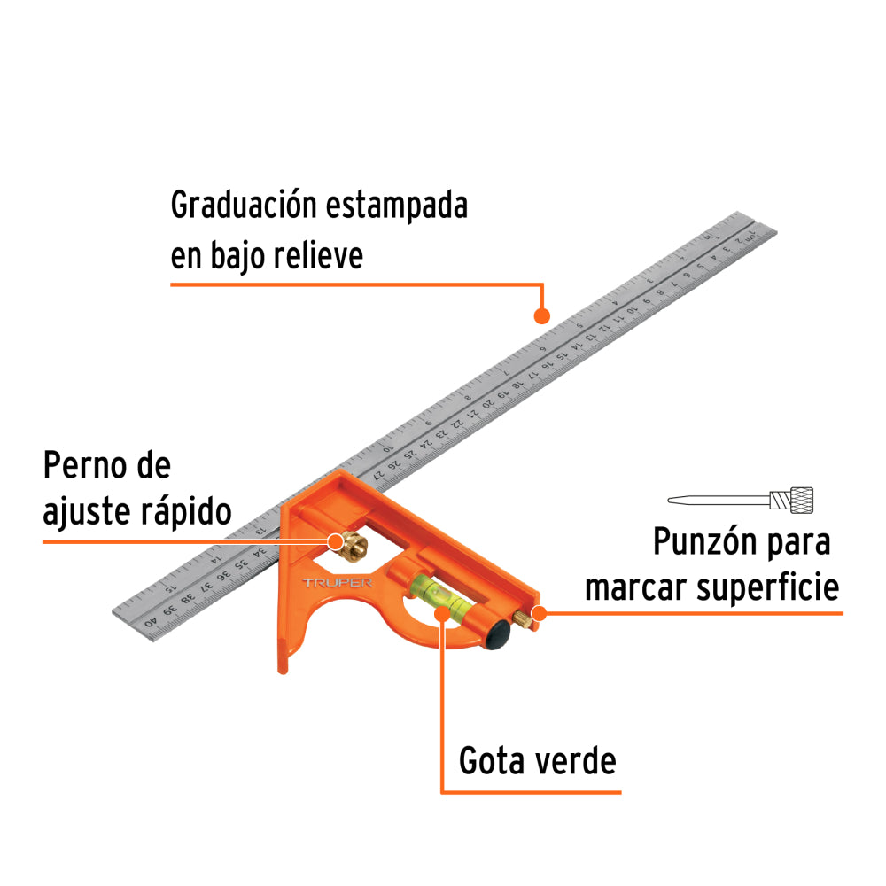 Escuadra 16" de combinación con punzón para marcar, Truper - CÓDIGO: 14381
