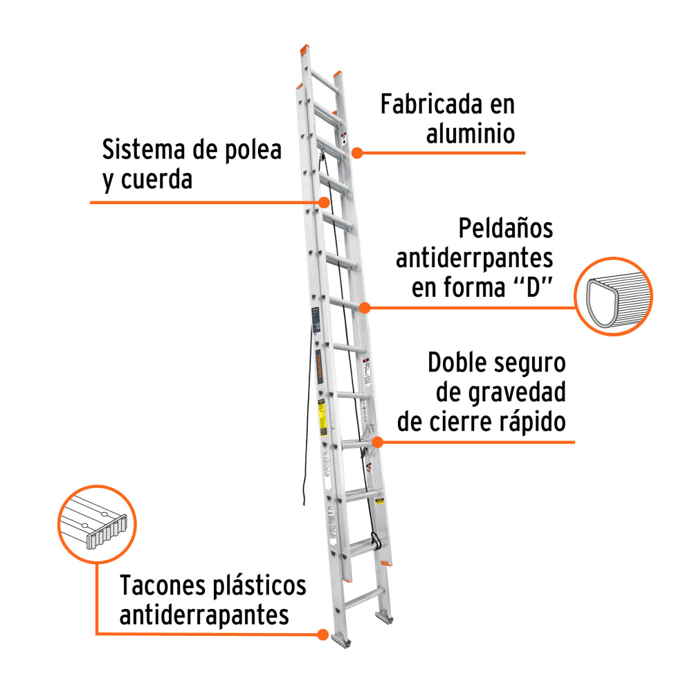 Escalera de extensión, tipo II, 24 peldaños, Truper - Código: 16759