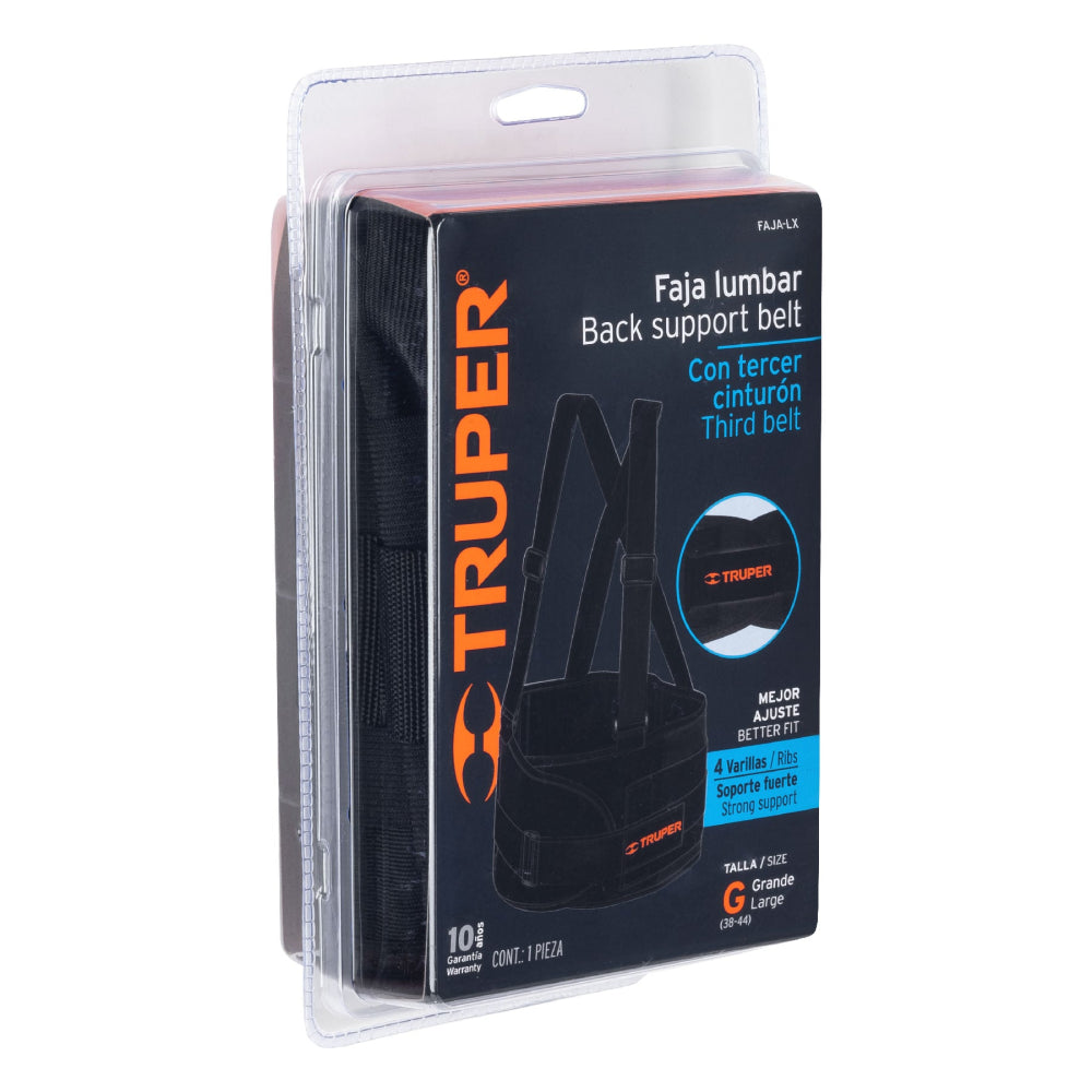 Faja lumbar con tercer cinturón, talla G, Truper - Código: 14217