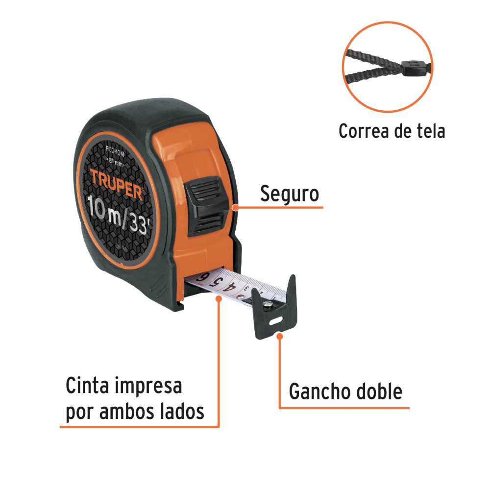 Flexómetro compacto contra impactos 10 m cinta 25 mm, TRUPER - CÓDIGO: 102332