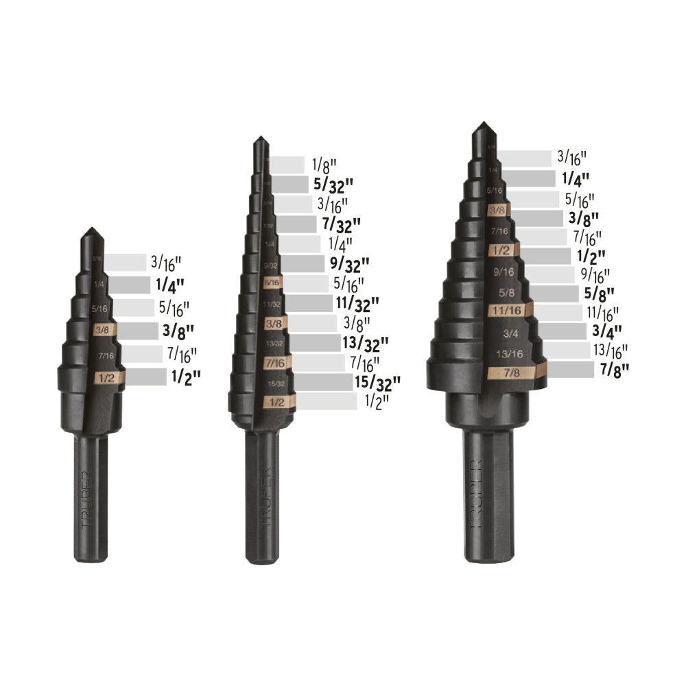 Juego de 3 brocas escalonadas de óxido negro, Truper - CÓDIGO: 100988