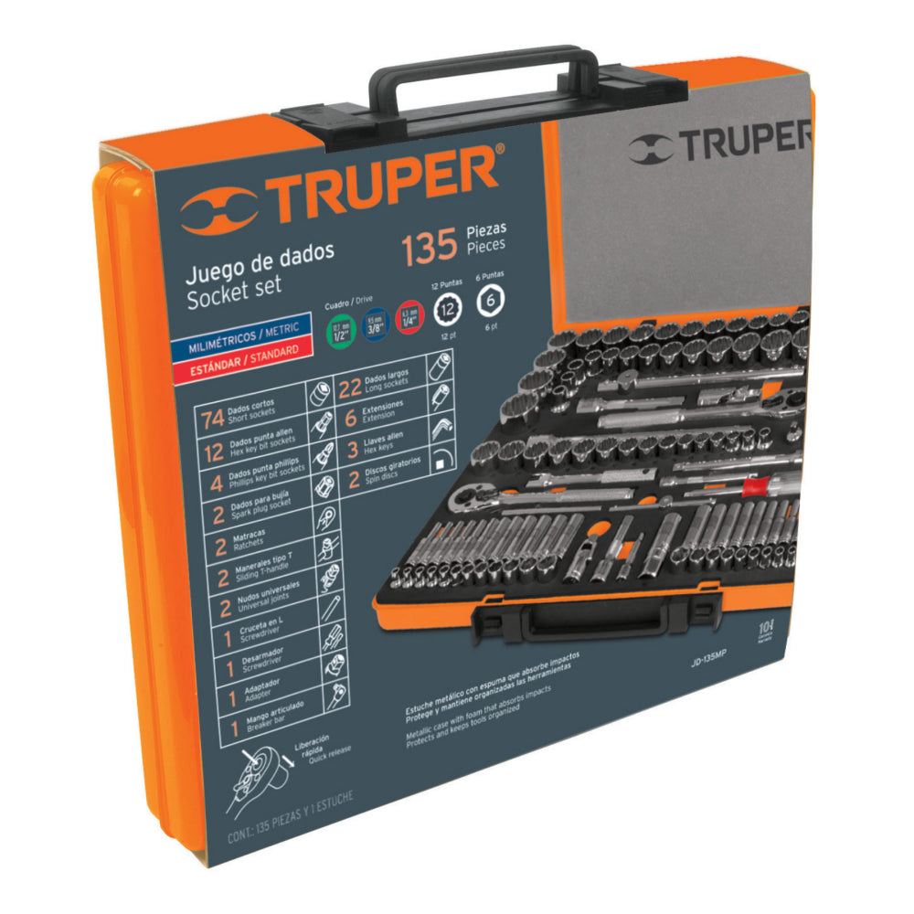 Juego 135 herramientas 1/4", 3/8" y 1/2" std y mm p/mecánico - Código: 13975