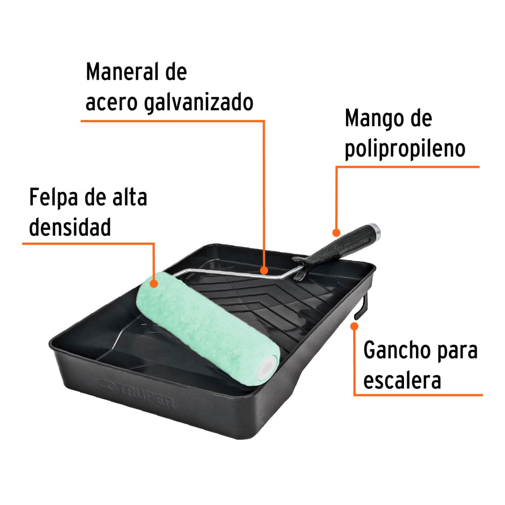 Kit de rodillo para pintar, 9" (maneral, charola y felpa) - Código: 13843