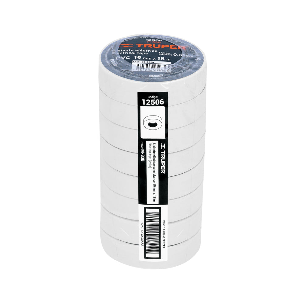 Cinta de aislar de 18 m x 19 mm, blanca, Truper - CÓDIGO: 12506