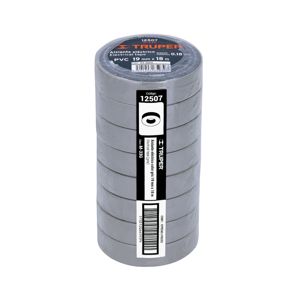 Cinta de aislar de 18 m x 19 mm, gris, Truper - CÓDIGO: 12507