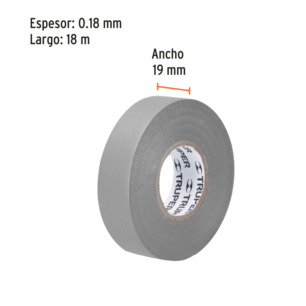 Cinta de aislar de 18 m x 19 mm, gris, Truper - CÓDIGO: 12507