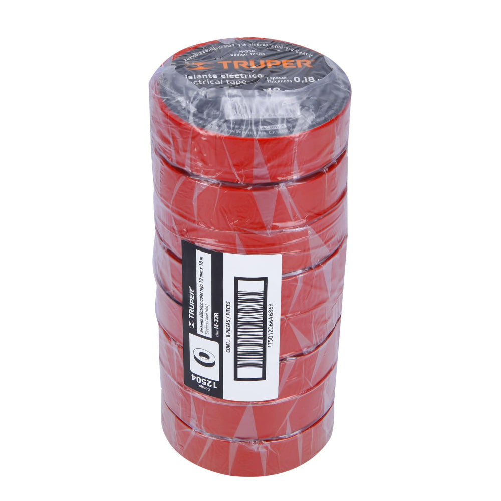 Cinta de aislar de 18 m x 19 mm, roja, Truper - CÓDIGO: 12504