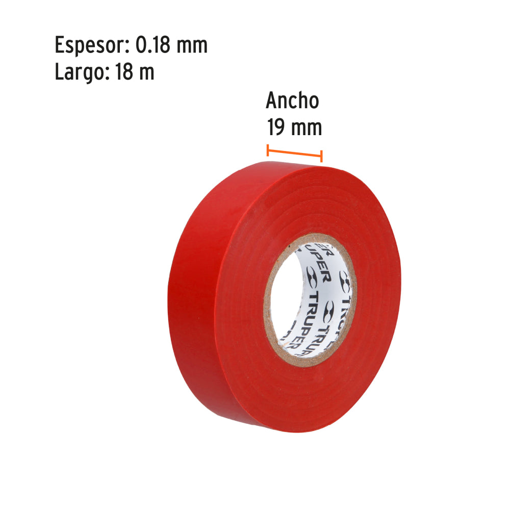 Cinta de aislar de 18 m x 19 mm, roja, Truper - CÓDIGO: 12504