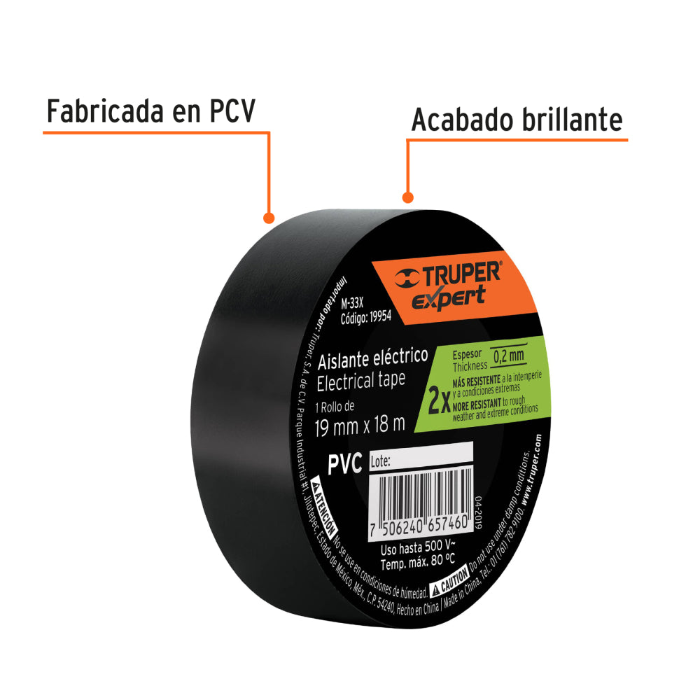 Cinta de aislar 19mm x 18m Truper Expert - CÓDIGO: 19954