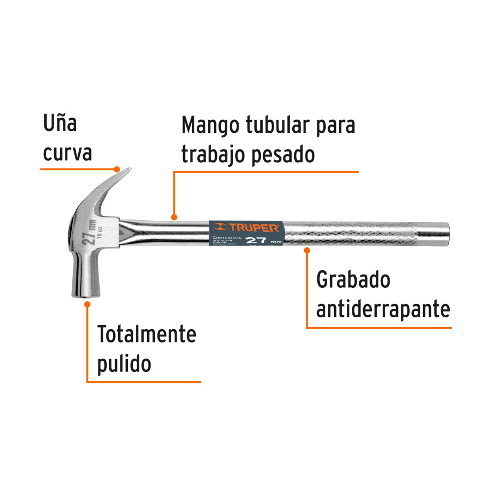 Martillo cabeza cónica 27 mm uña curva, mango tubular,TRUPER - Código: 10914