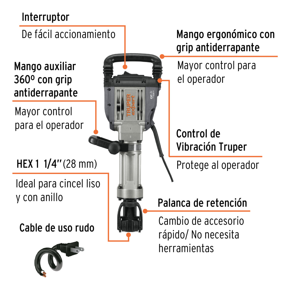 Martillo demoledor HEX 20kg 55J, 1600W, Truper Expert - CÓDIGO: 102468