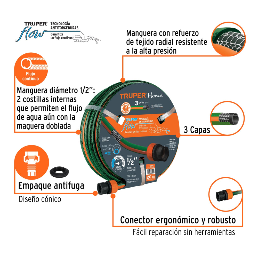 Manguera 1/2"reforzada 3 capas 20 m conexiones plásticas - Cod: 16052