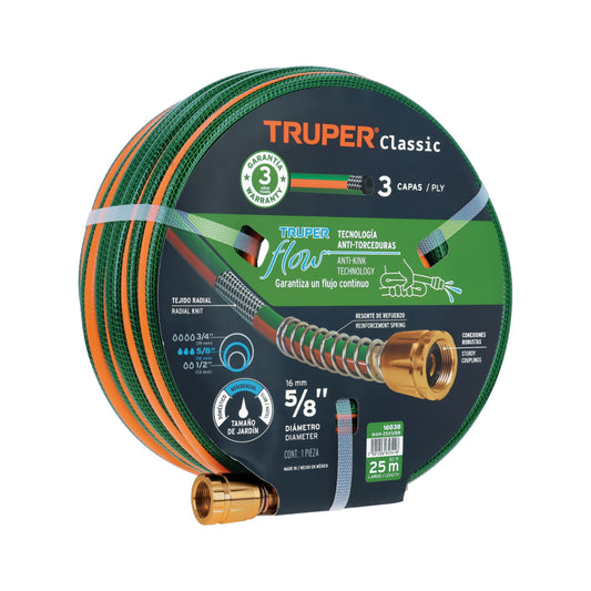 Manguera 5/8" reforzada 3 capas 25 m conexiones de metal - Cod: 16038