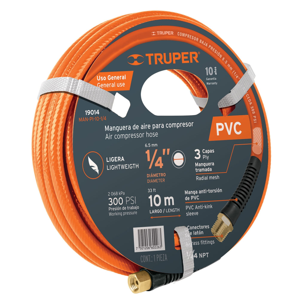 Manguera para compresor, de PVC, 10m x 1/4", Truper - CÓDIGO: 19014