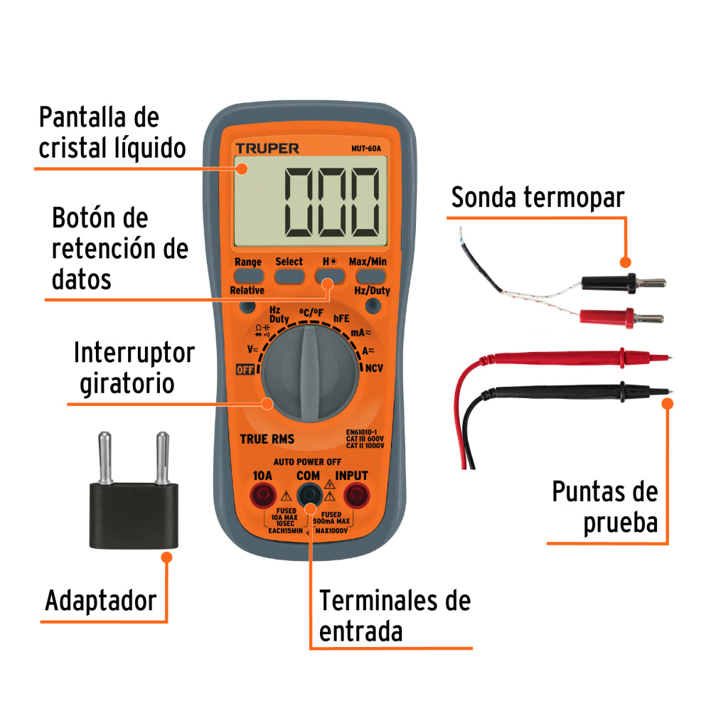 Multímetro profesional con RMS verdadero y auto rango Deluxe - CÓDIGO: 100362