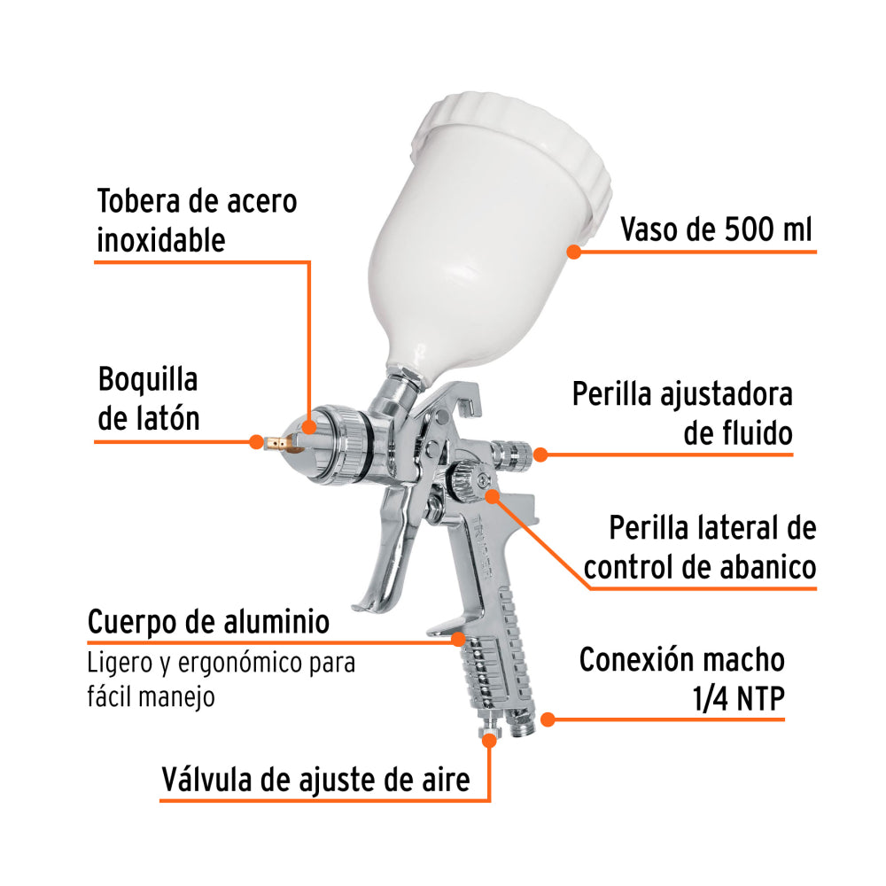 Pistola p/pintar gravedad HVLP vaso plástico, 1.7 mm, Truper - Código: 12129