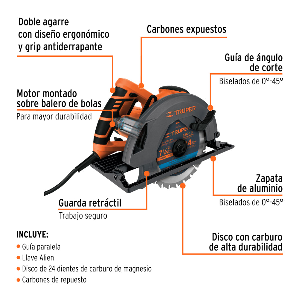 Sierra circular, 7-1/4", profesional, 220 V, 1500 W - Código: 11005