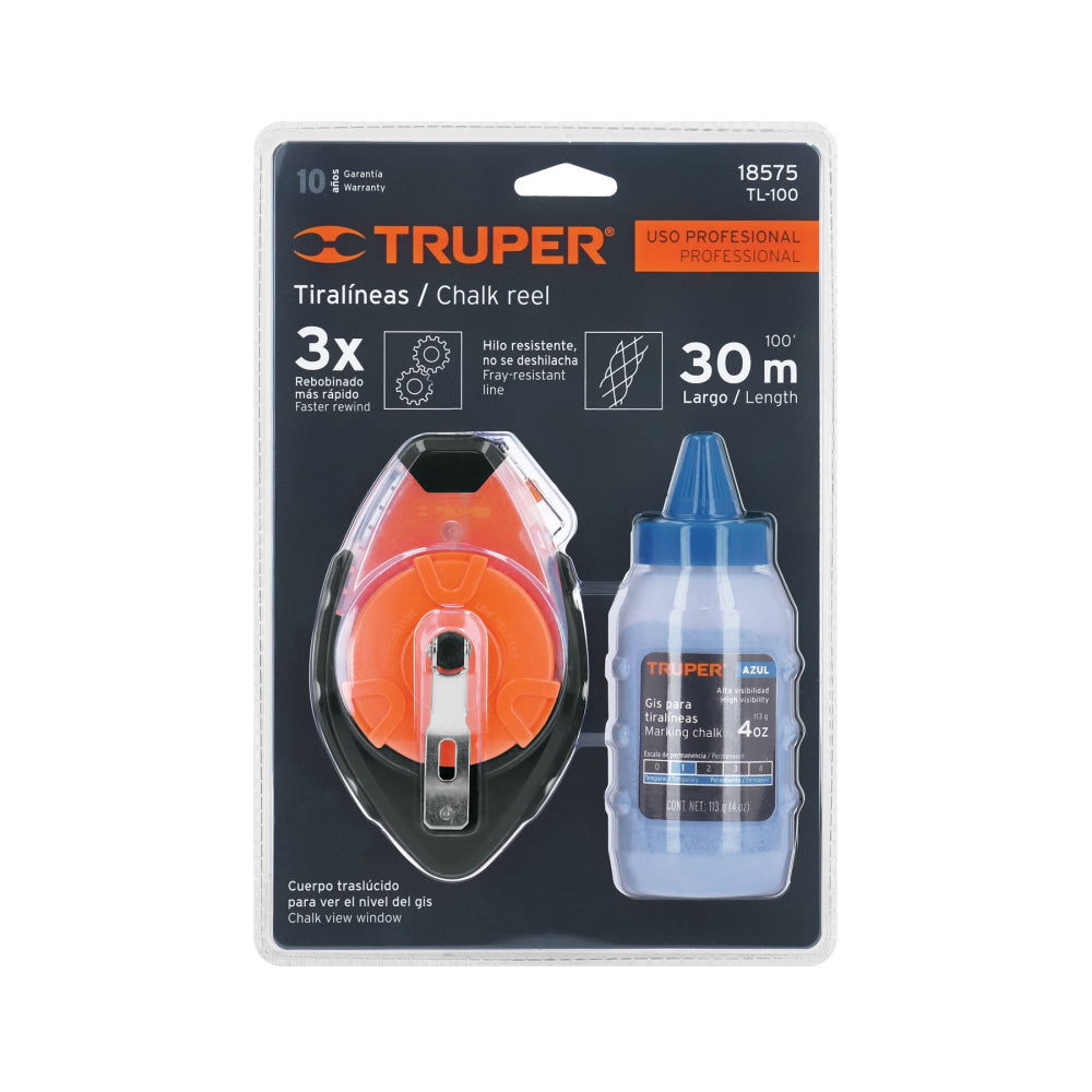 Tiralíneas profesional plástico con gis, 30m(100 ft), Truper - CÓDIGO: 18575