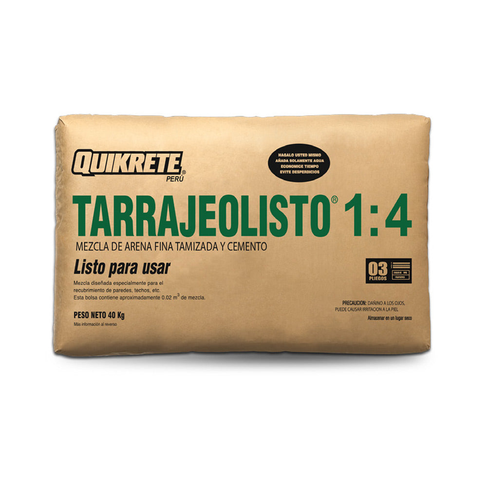 Tarrajeolisto 1:4 Tipo I – Mezcla de Arena Fina Tamizada y Cemento – Quikrete – Bolsa 40 kg