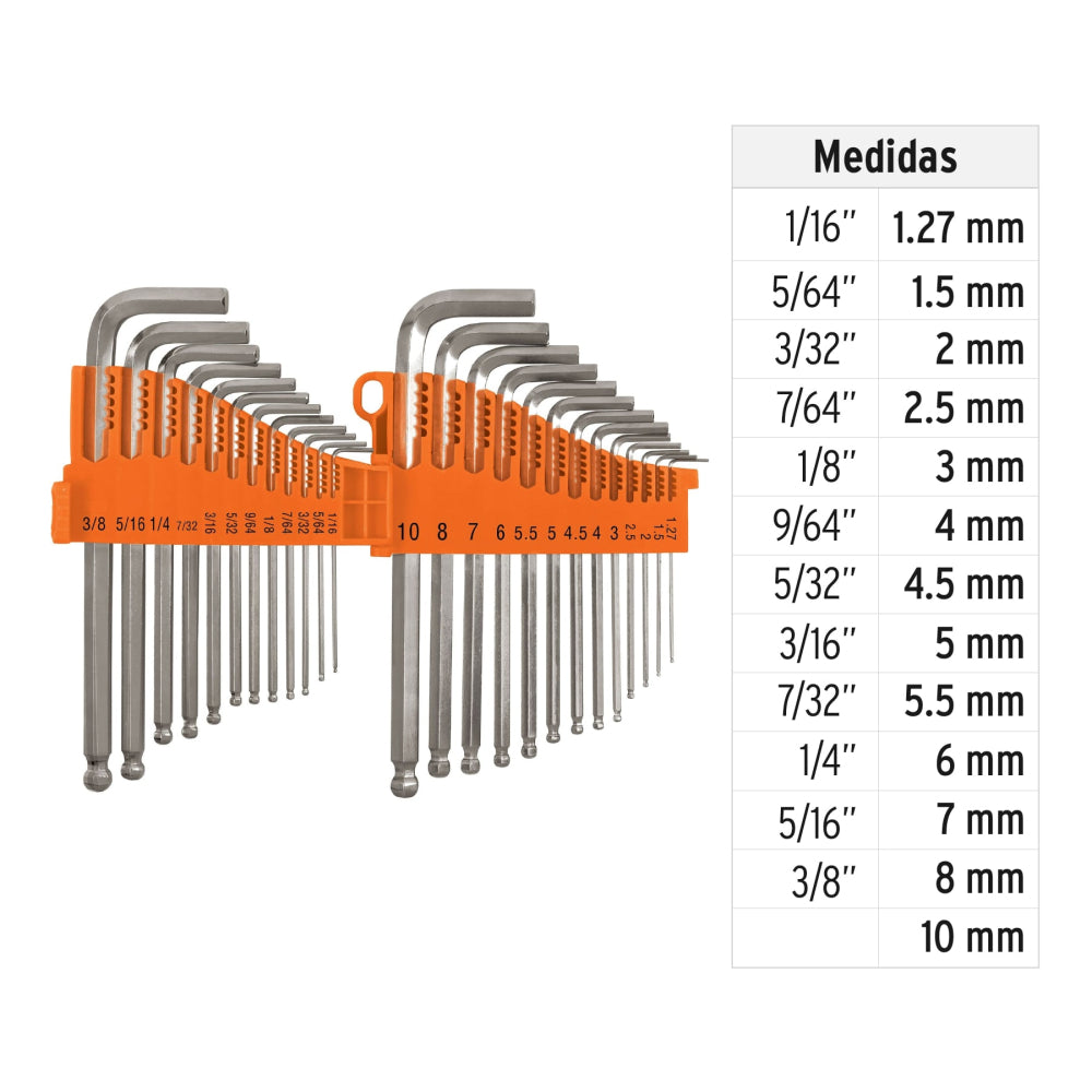 Juego 25 llaves allen largas mixtas punta bola, organizador - Cod: 15572