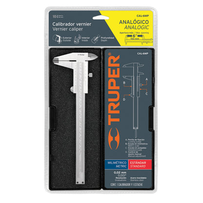 Calibrador vernier analógico 6" acero inox, std y mm, Truper - Código:   14394