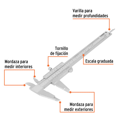 Calibrador vernier analógico 6" acero inox, std y mm, Truper - Código:   14394