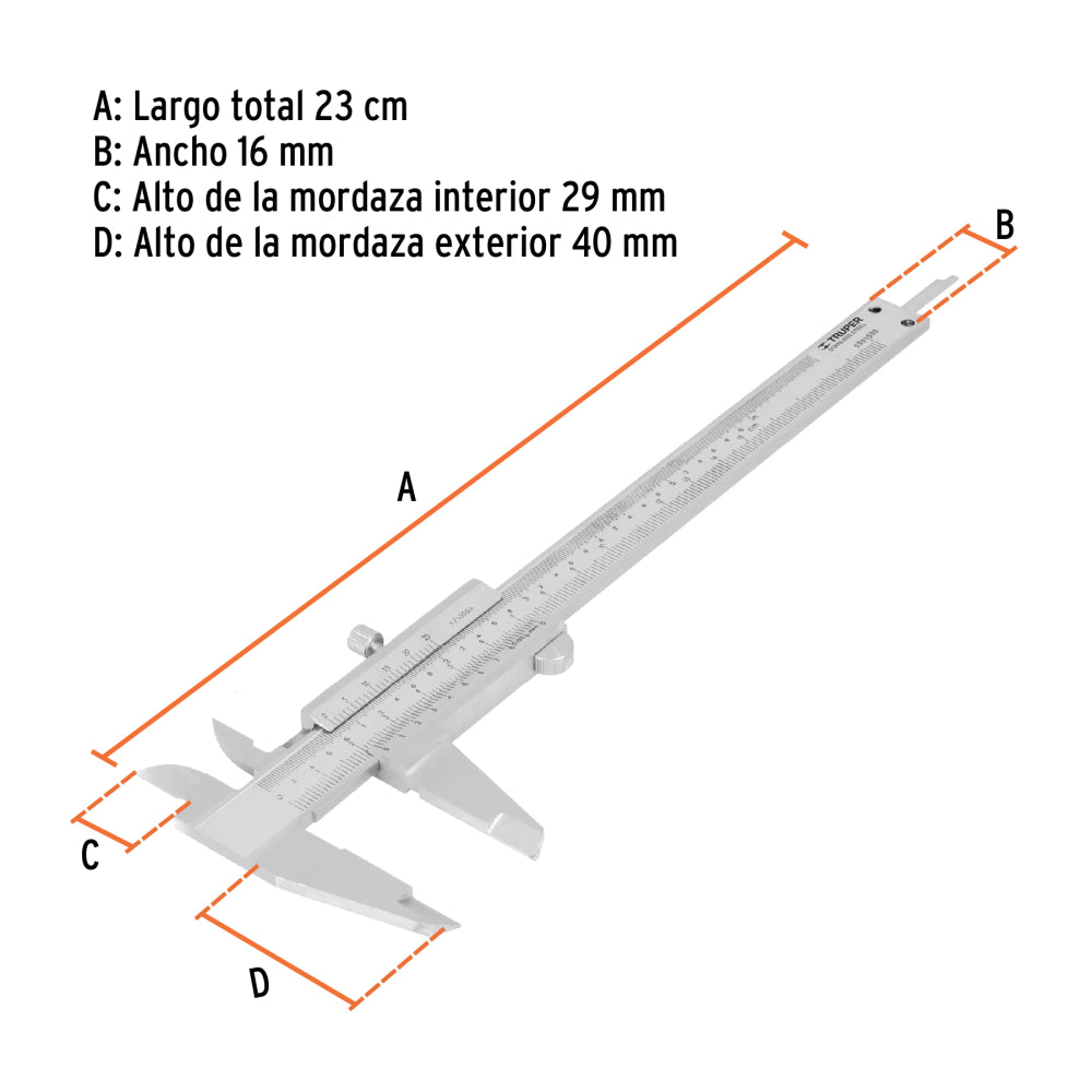 Calibrador vernier analógico 6" acero inox, std y mm, Truper - Código:   14394