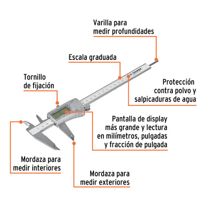 Calibrador vernier digital 6" acero inox, std y mm, Truper - CÓDIGO: 14388