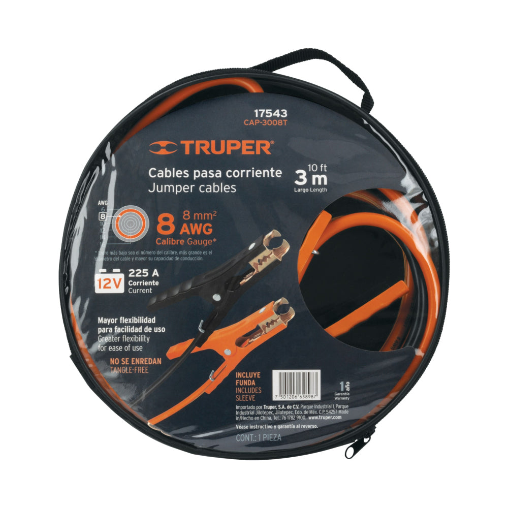 Cables pasa corriente 3 m, 225 A, 8 AWG, con funda, Truper - Cod: 17543