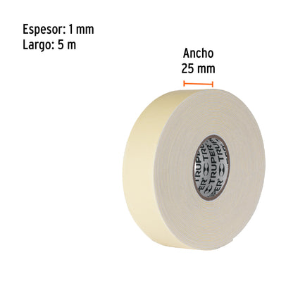 Cinta doble cara de 25 mm x 5 m, Truper - Codigo: 11727