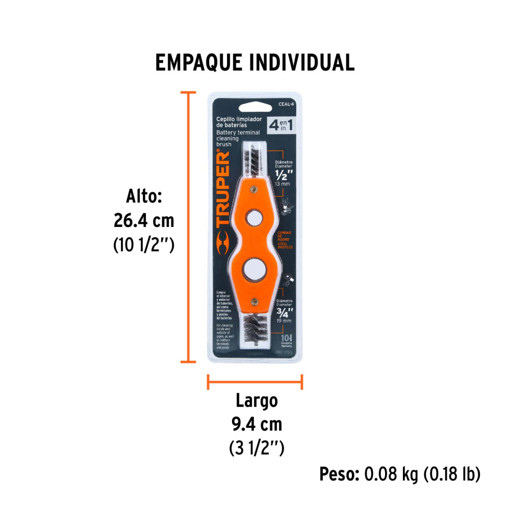 Cepillo limpiador de terminales de baterías, 4 en 1, Truper - Código: 17110