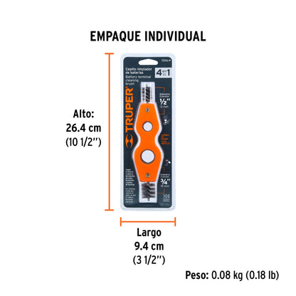 Cepillo limpiador de terminales de baterías, 4 en 1, Truper - Código: 17110