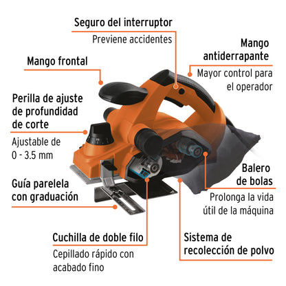 Cepillo eléctrico profesional 3-1/4",850W 220V, Truper - CÓDIGO: 102464