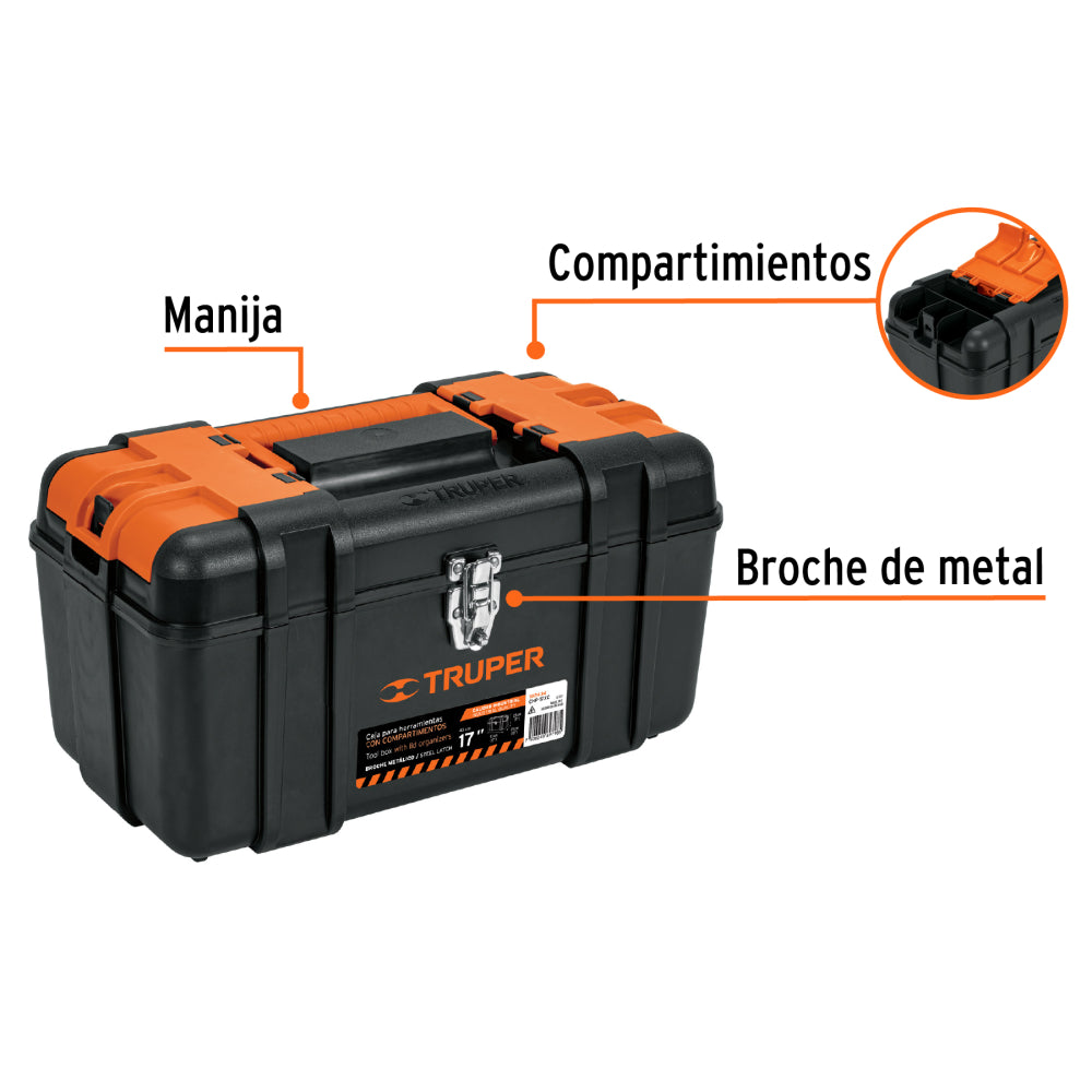 Caja p/herramienta 17" con compartimentos, broches metálicos - CÓDIGO: 102434
