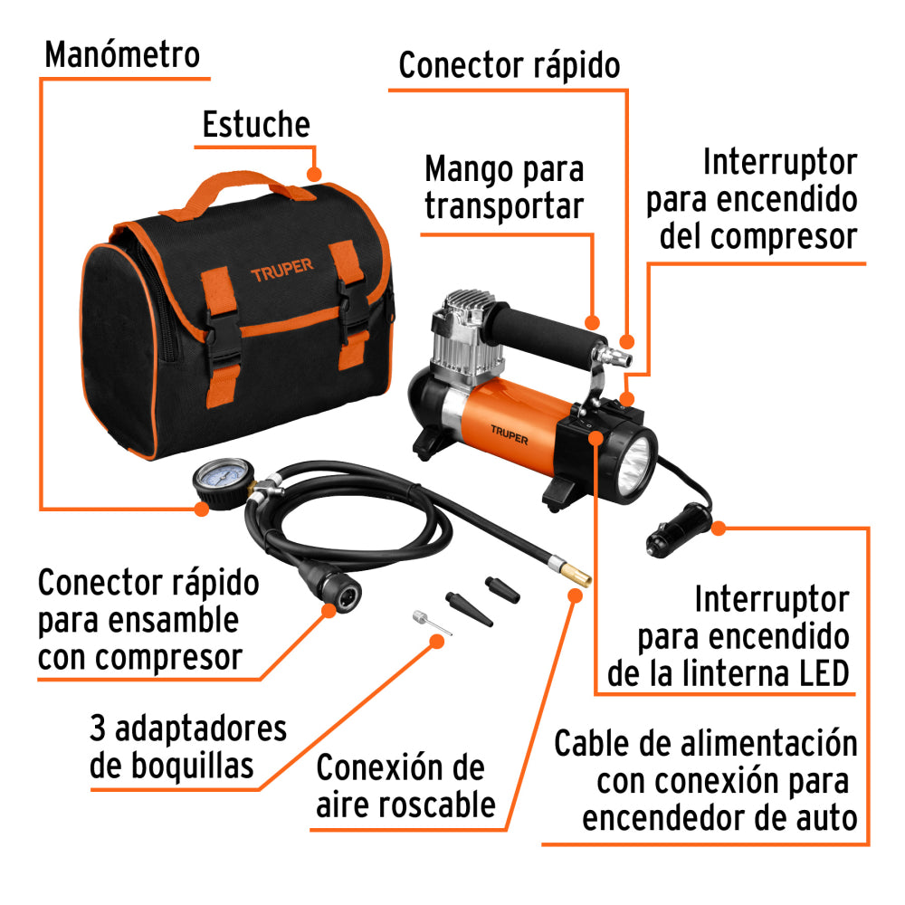 Compresor de aire 12 V portátil, para auto, incluye maletín - CÓDIGO: 19999