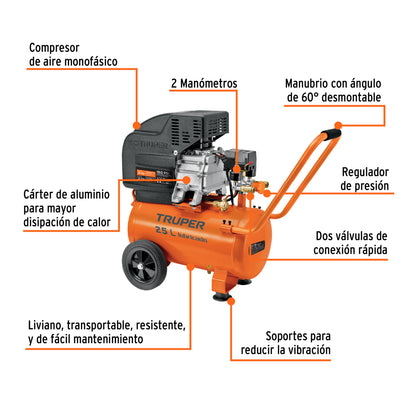 Compresor aire, 25 L, 3 Hp (potencia máxima ), 220V, 60Hz - Código: 15006