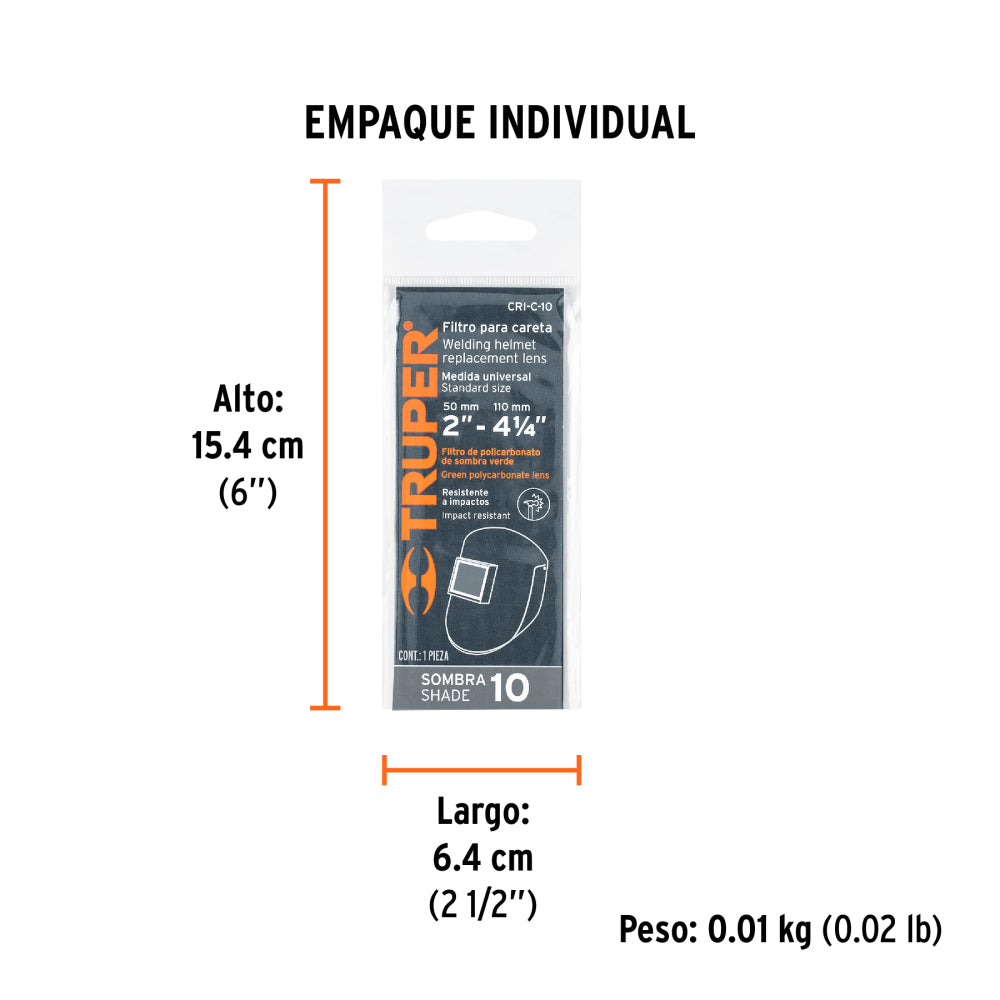 Lente para caretas de soldar Caso-300, sombra 10  Truper - Código: 14274