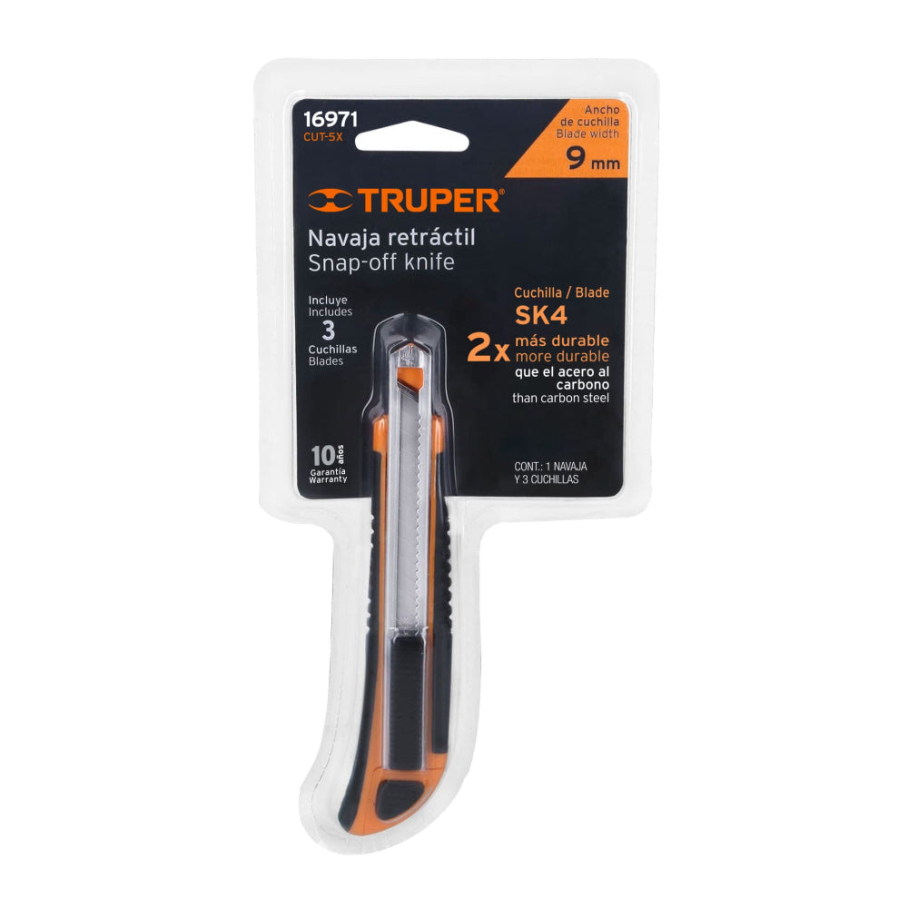 Cutter 9 mm profesional con alma metálica y grip, Truper - Cod: 16971