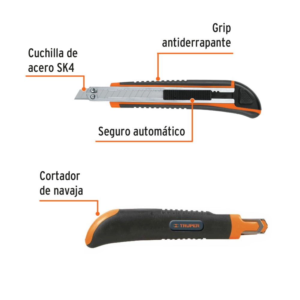 Cutter 9 mm profesional con alma metálica y grip, Truper - Cod: 16971