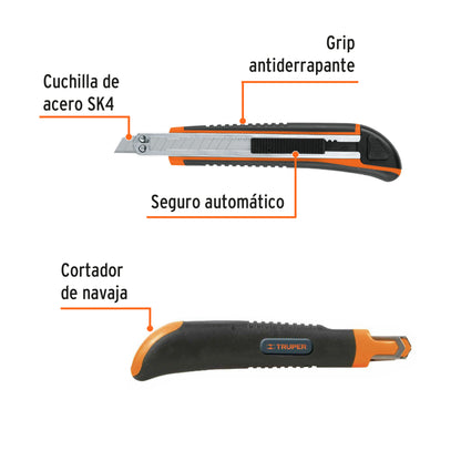 Cutter 9 mm profesional con alma metálica y grip, Truper - Cod: 16971